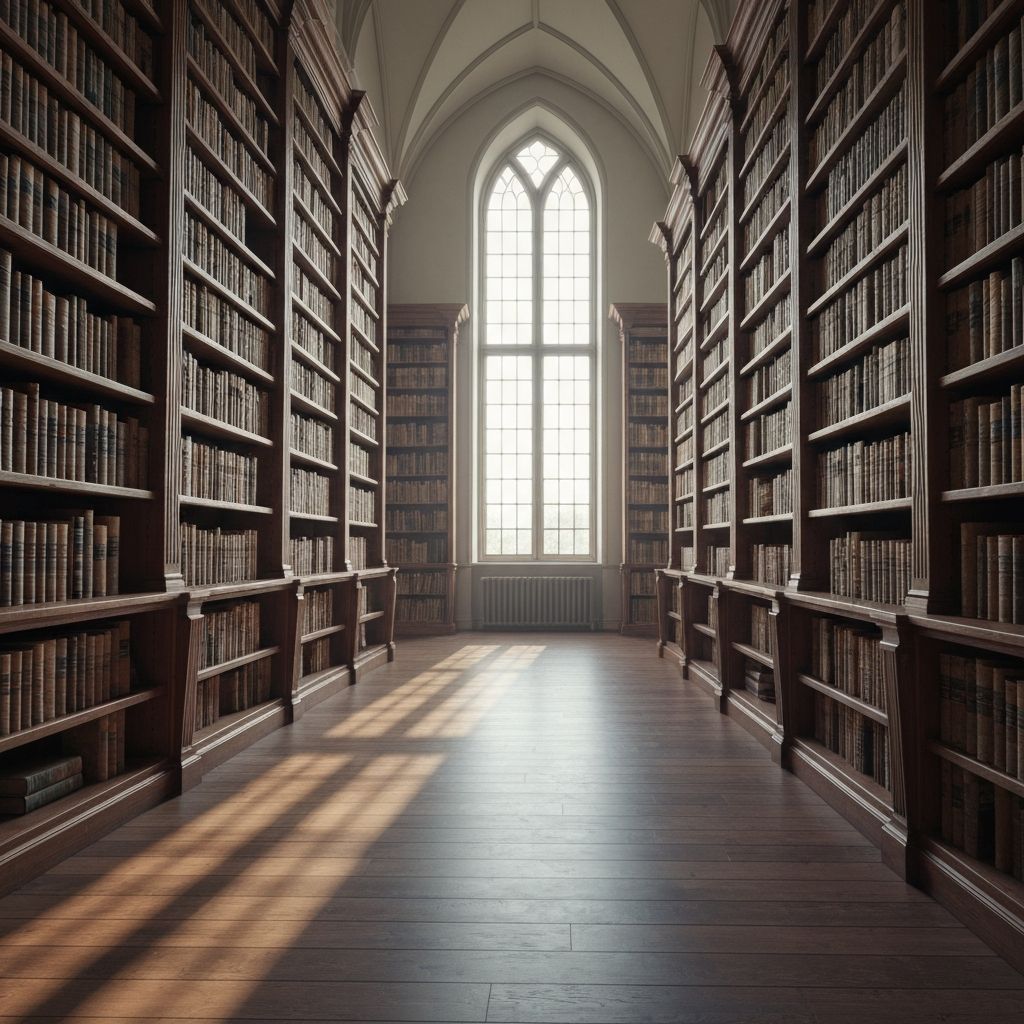 Biblioteca silenciosa com estantes altas de madeira escura repletas de livros antigos, luz natural suave a entrar por uma janela alta projetando sombras compridas sobre o chão de parquet, ambiente de contemplação e estudo