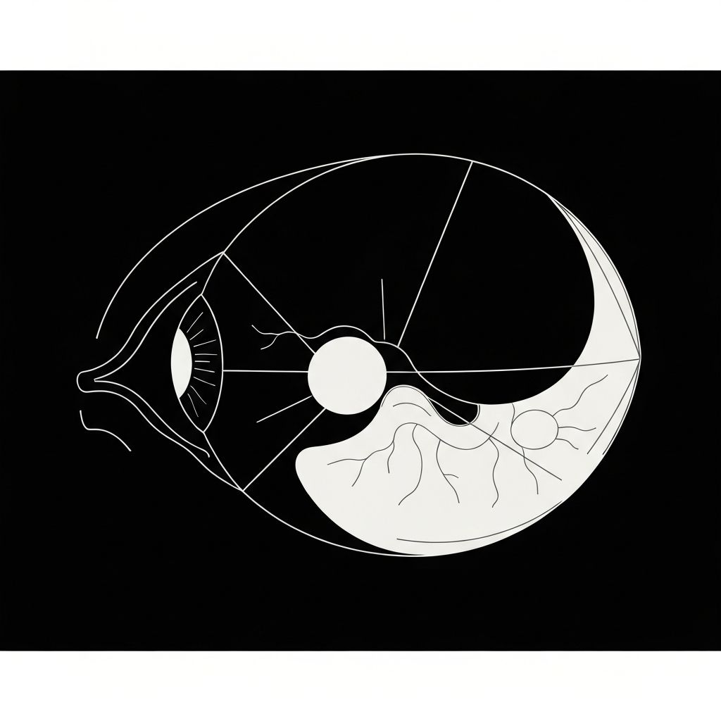 Diagrama conceptual abstrato representando a anatomia ocular simplificada, com traços geométricos suaves a ilustrar a estrutura do olho humano sobre fundo escuro com iluminação lateral dourada