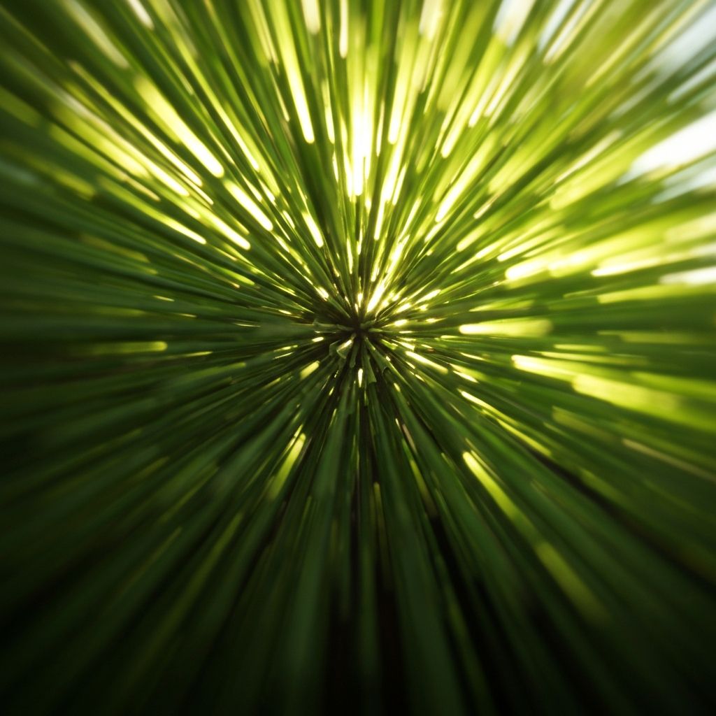 Padrão abstrato de raios de luz filtrados através de folhas verdes densas, criando efeitos de bokeh suaves sobre fundo escuro, evocando calma, foco e clareza visual